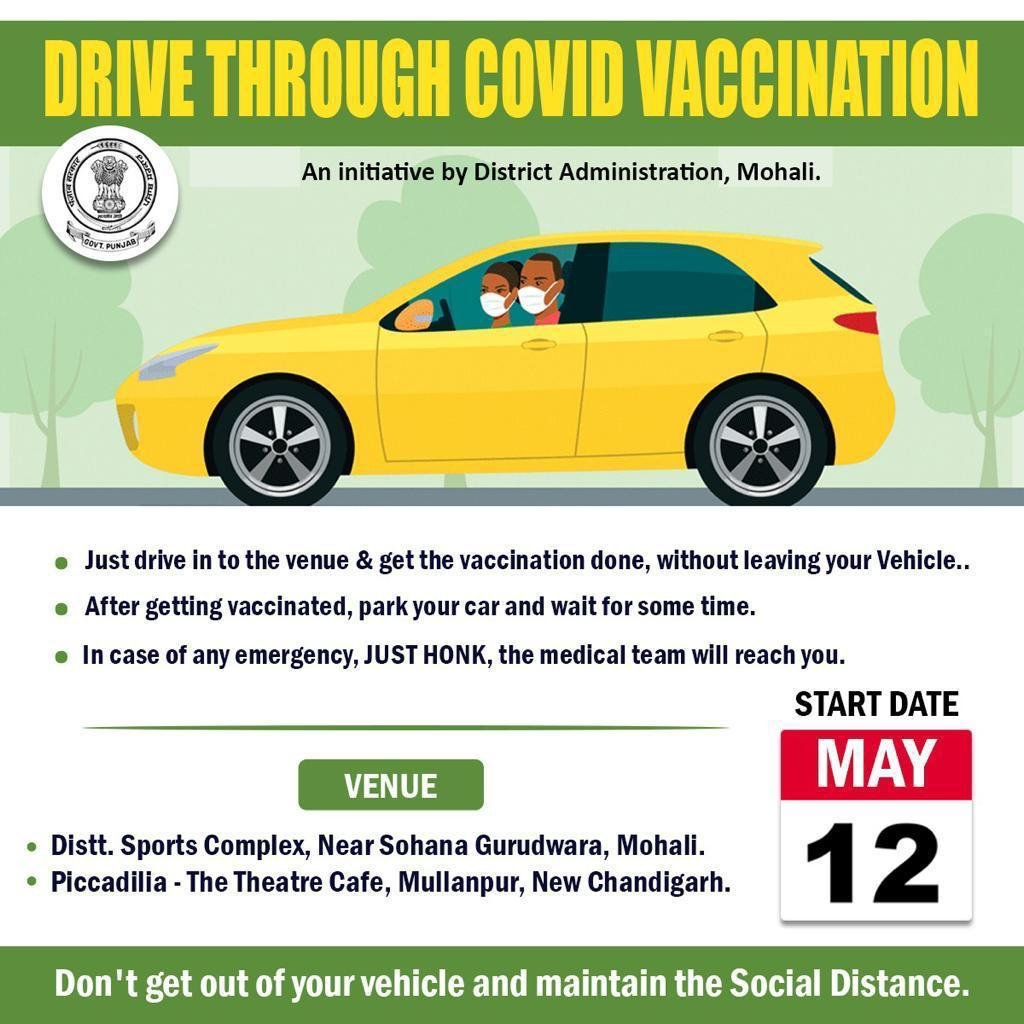 JasbirMalhi1's tweet photo. Mohali: Drive through covid vaccination, sports complex near Sohana Gurdwara Sahib, start from 12 May... @iepunjab https://t.co/nxwjyjMOqw