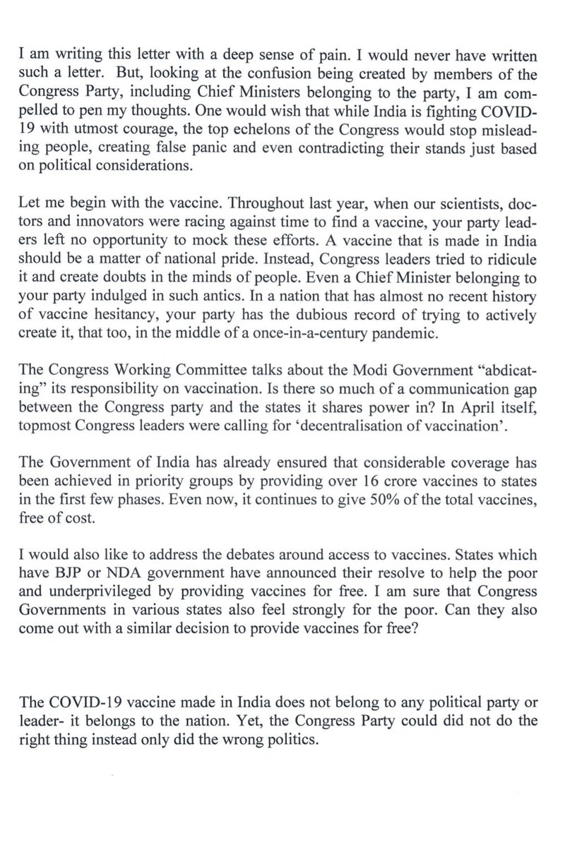 BJP President Mr.  @JPNadda has written a scathing letter to Congress Chief  #SoniaGandhi today, apprising her of the 'conduct of the Congress Party during these challenging times.'Let's take a look at all the instances cited in the letter one by one. #IndiaFightsCovid(1/n)