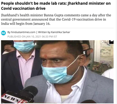 3. Congress’s ally in  #Jharkhand  #HemantSoren’s Health Minister Banna Gupta said 'people of this country should not be made lab rats' after India announced its vaccination drive. #vaccination  #VaccinationDrive 4/n