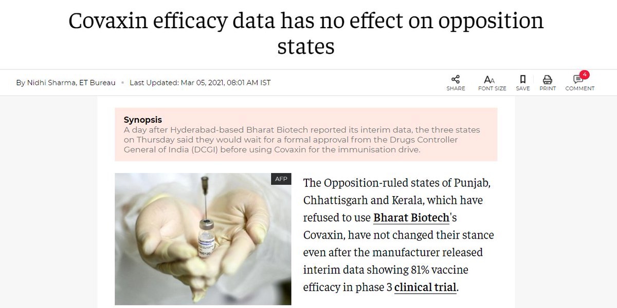 This continued through Feb'2021 too, when TS Deo Singh creating doubts over  #Covaxin 2. Congress govt in  #Punjab also refused to use COVAXIN & did not change their stance even when efficacy data came out! Here's Punjab Health Minister Balbir Singh Sidhu's remarks:3/n