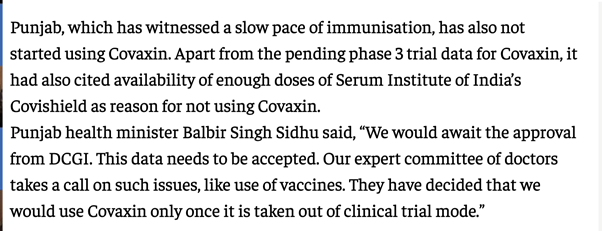This continued through Feb'2021 too, when TS Deo Singh creating doubts over  #Covaxin 2. Congress govt in  #Punjab also refused to use COVAXIN & did not change their stance even when efficacy data came out! Here's Punjab Health Minister Balbir Singh Sidhu's remarks:3/n