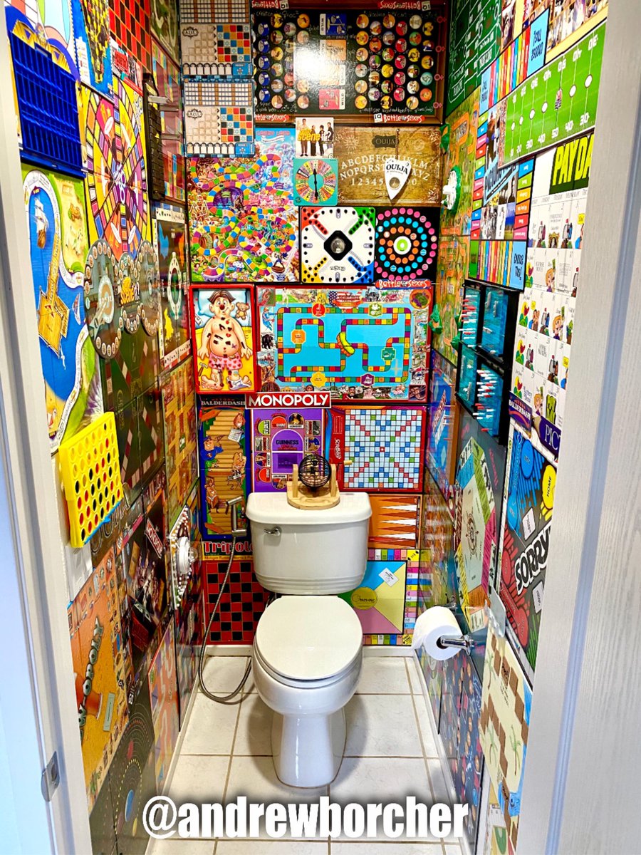andrewborcher77's tweet photo. Do you ever get bored when you’re using the bathroom? I certainly don’t anymore. #boardgames #boardgamewall #bathroomdesign #fundesign #gamewall #interiordesign #create #cureboredom #originalart #foreveryoung @andrewborcher77 @ andrewborcher(on IG) https://t.co/2qsQjtwC5U