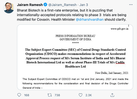 4. As early as Dec'20 & Jan'21, Congress leaders like Anand Sharma, Shashi Tharoor, Jairam Ramesh, were casting aspersions over India’s vaccine programme despite a due process being followed:  #IndiaFightsCoronaVirus  #COVID19  #COVID19Vaccination  #Covaxin 5/n