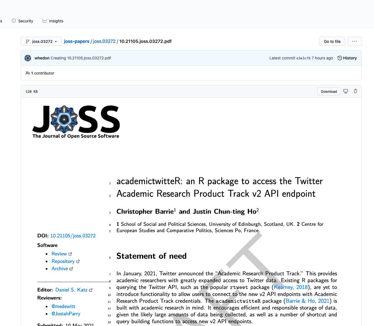 Paper is then automatically rendered into JOSS journal format and made available as proof to reviewers and authors