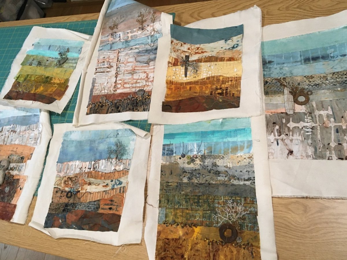 Phoenixtextile's tweet photo. Jo has finished her series of little pieces and now just has to decide how to frame them. We are beginning to believe that exhibitions will actually happen again this year! #finishingoff #preparingforexhibition #textileartgroup https://t.co/qjtU8P3zZk