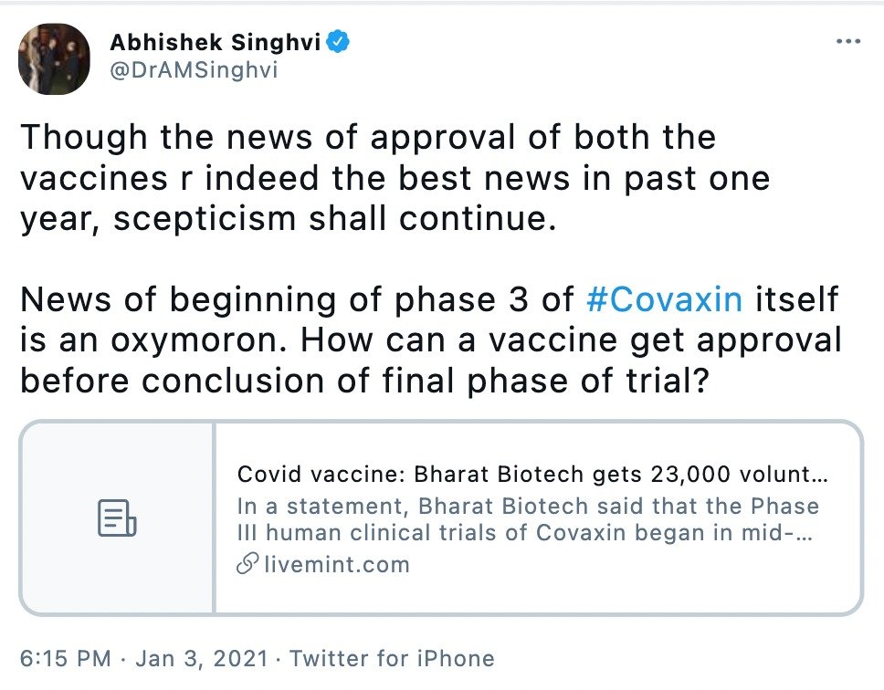 8. Even Congress leader Abhishek Manu Singhvi was busy defaming  #COVAXIN, creating hesitancy while he did so. #VaccinesWork  #VaccineForAll  #VaccineHesitancy  #CongressMukTBharat 10/n