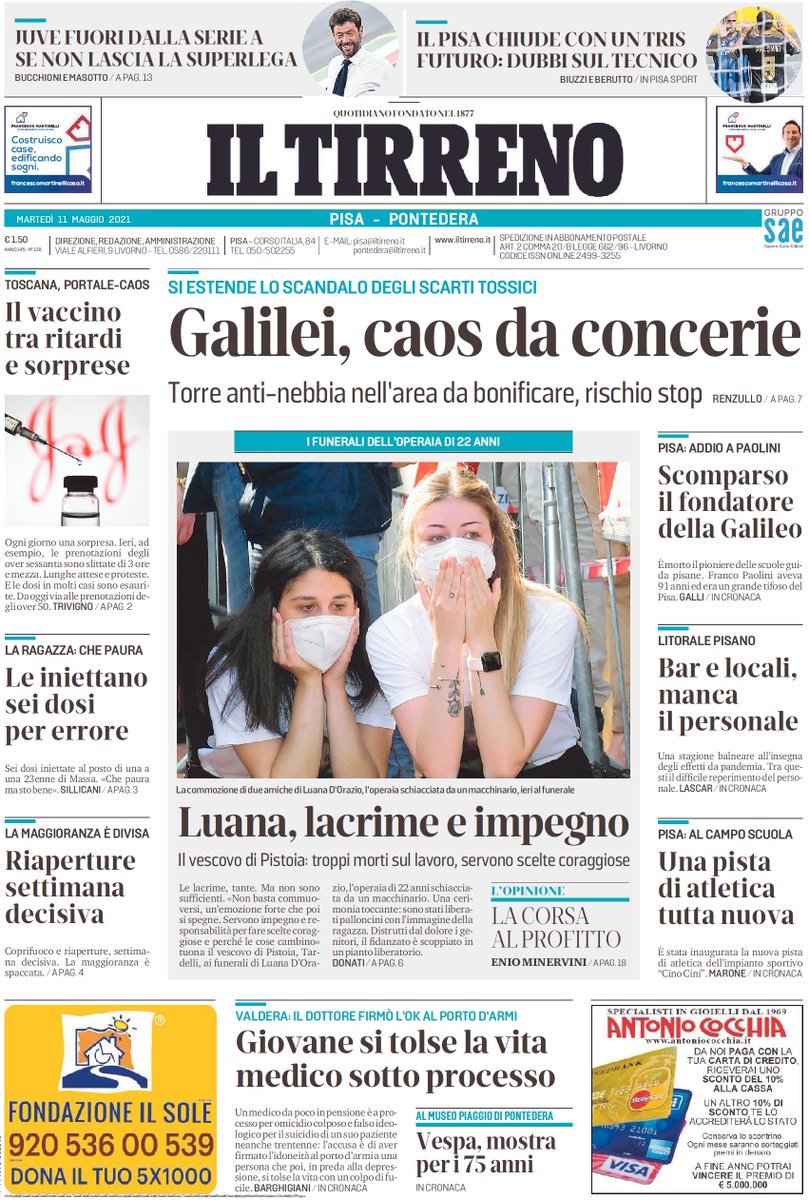 #Buongiorno con la #primapagina de <a href="/iltirreno/">Il Tirreno</a> (edizione di Pisa-Pontedera) <a href="/IlTirrenoPisa/">IlTirrenoPisa</a> <a href="/cristianomeoni/">cristiano meoni</a> <a href="/dfastelli/">danilo fastelli</a> <a href="/crimarcacci/">Cristiano Marcacci</a> <a href="/massimobraglia2/">massimo braglia</a>