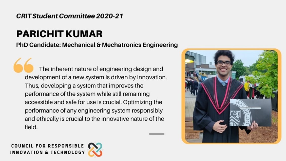 Council for Responsible Innovation and Technology (@uw_crit) on Twitter photo Thrilled to start off by introducing Parichit Kumar! Joining us from <a href="/WaterlooENG/">Waterloo Engineering</a>, Pari’s research involves developing magnetic levitation systems for additive manufacturing with emphasis on #Ethics and #DesignForSafety. #ResponsibleInnovation #UWCRIT #CRITers Thrilled to start off by introducing Parichit Kumar! Joining us from <a href="/WaterlooENG/">Waterloo Engineering</a>, Pari’s research involves developing magnetic levitation systems for additive manufacturing with emphasis on #Ethics and #DesignForSafety. #ResponsibleInnovation #UWCRIT #CRITers