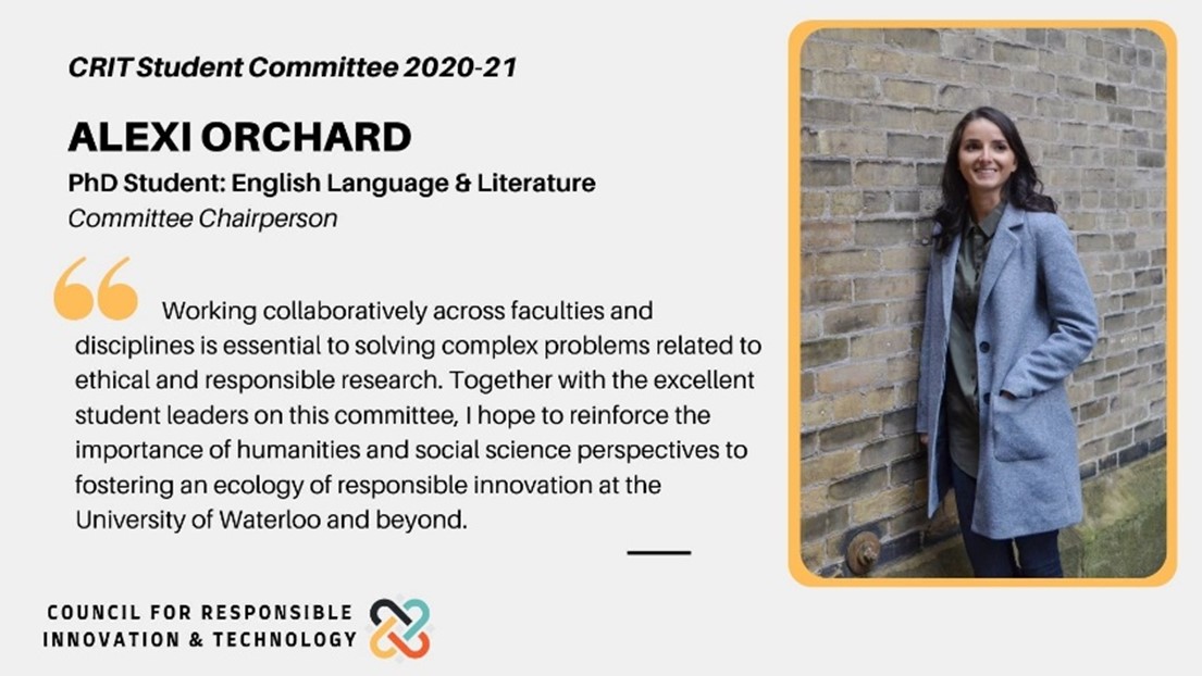 Council for Responsible Innovation and Technology (@uw_crit) on Twitter photo Introducing Alexi Orchard <a href="/lexiorch/">Alexi Orchard</a> of <a href="/uwcrimelab/">Critical Media Lab</a>! Joining us from <a href="/uwaterlooARTS/">UWaterloo Arts</a>, Alexi is interested in how interdisciplinary collaboration between the humanities and STEM contributes to designing technology for public good. #Ethics #ResponsibleInnovation #UWCRIT #CRITers Introducing Alexi Orchard <a href="/lexiorch/">Alexi Orchard</a> of <a href="/uwcrimelab/">Critical Media Lab</a>! Joining us from <a href="/uwaterlooARTS/">UWaterloo Arts</a>, Alexi is interested in how interdisciplinary collaboration between the humanities and STEM contributes to designing technology for public good. #Ethics #ResponsibleInnovation #UWCRIT #CRITers