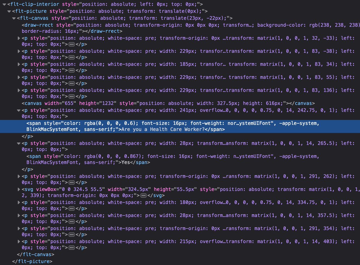 For example, the first question could be a simple <select> element, which would be 4 lines long, and have been easy to add tags to assist with assistive devices. Instead, it compiles / transpiles into a stream of superflous tags, virtually impossible to control.