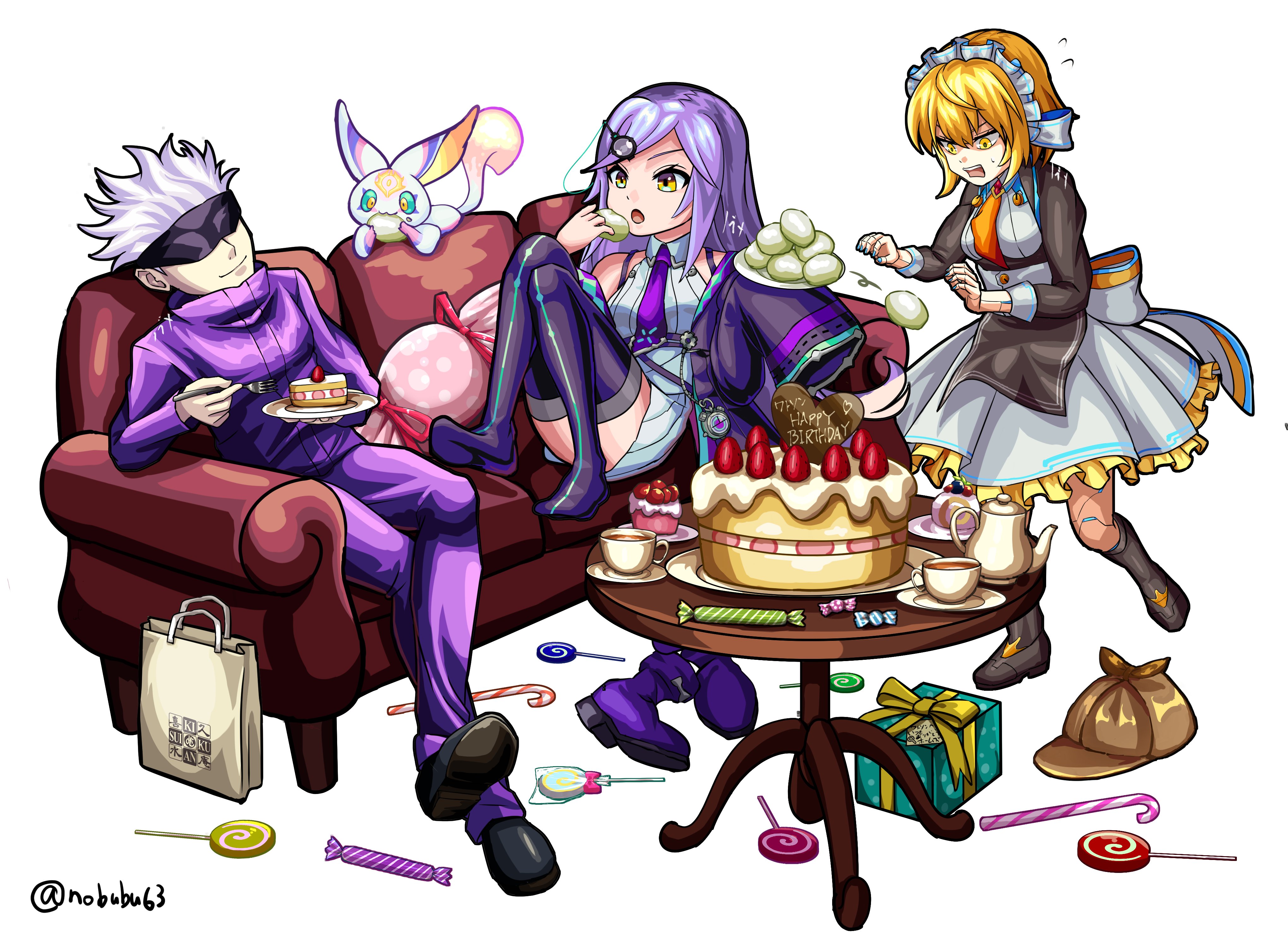 ノブメ イラスト依頼受付中 Di Twitter モンスト モンストイラスト モンスト呪術廻戦 ホームズ 五条先生からお祝いに喜久福という和菓子をもらった 中々うまいぞ ほら ワトソンも食べてみろ ワトソン そんな持ち方したら落としますよ ｱｱｱｱヽ D ノ