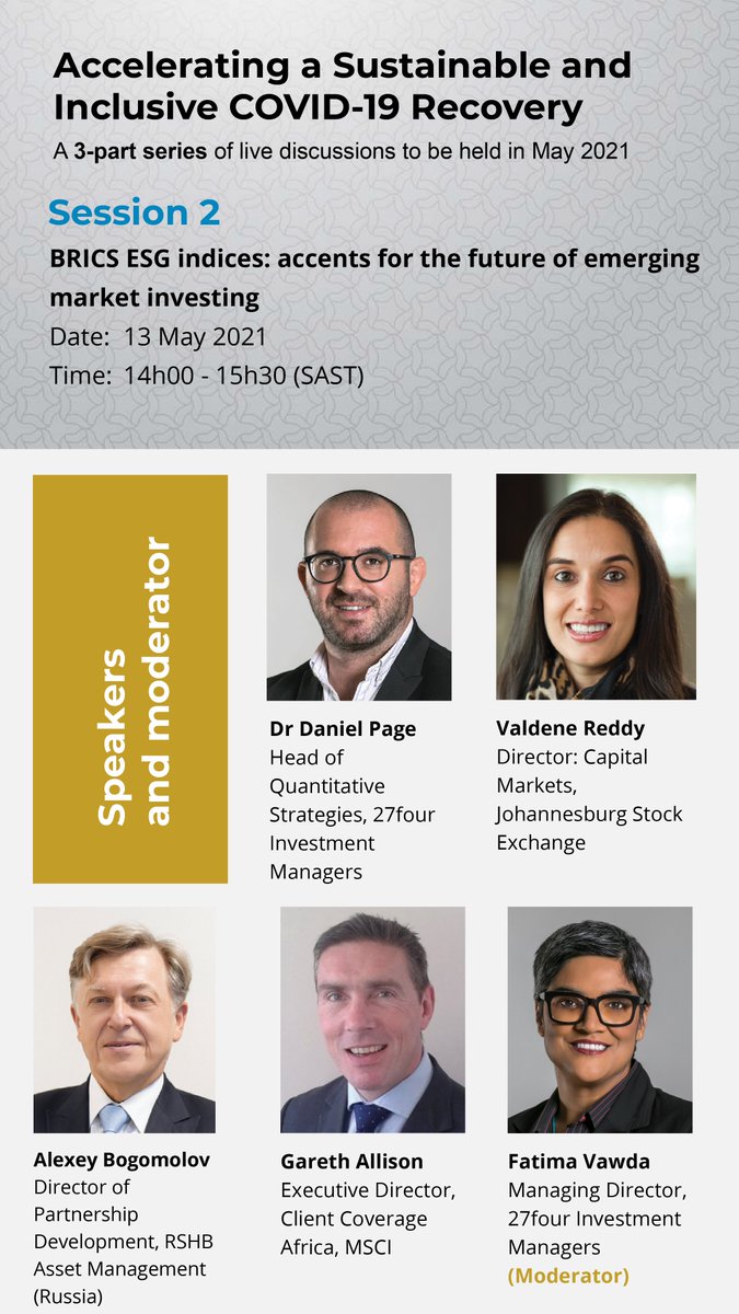 27four's tweet photo. Session 2 of the #BRICS recovery sessions LIVE this Thursday. Join the discussion - #ESG indices: accents for the future of emerging market investing >https://t.co/LHCHJS8rH1
#JSE #MSCI #RHSB @IDCSouthAfrica https://t.co/QmuzaJYVNX