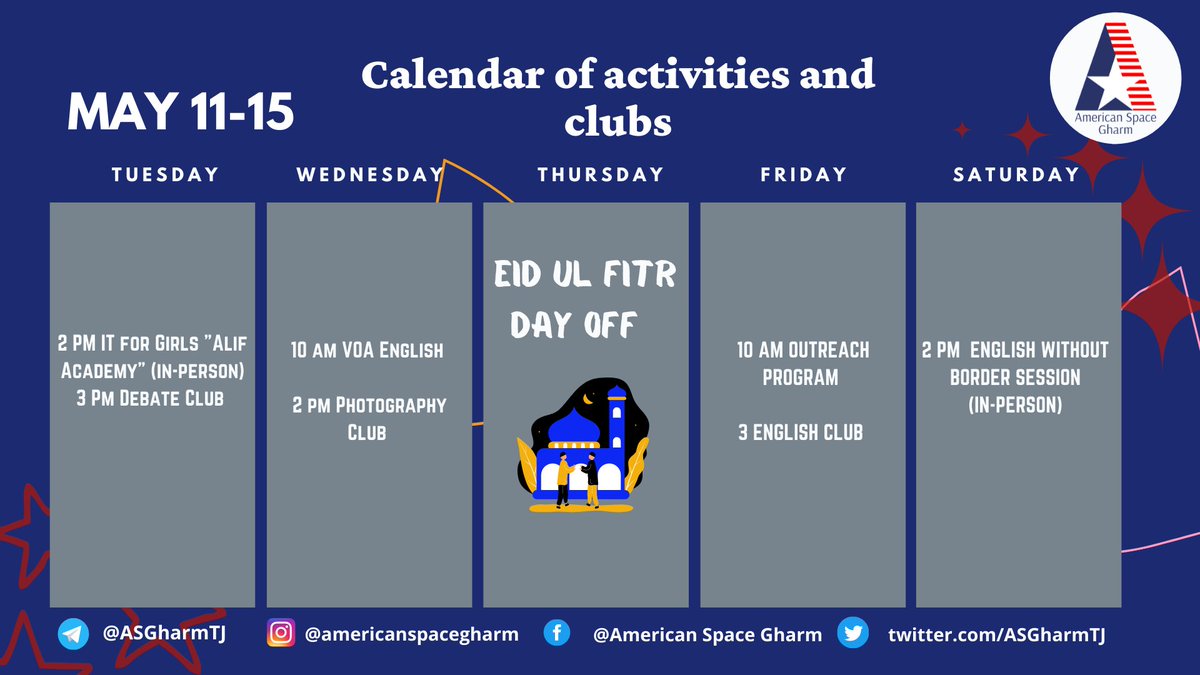 ASGharmTJ's tweet photo. Happy upcoming Eid Duston📣📢

➡️Please take a look at American Space Gharm weekly calendar of events and activities for May 11-15,2021.📸👨🏻‍🏫

➡��📍Facebook: @American space Gharm
📍Telegram: American Space Gharm
📍Twitter: @ASGharmTJ
#weeklyschedule
#AST
#americanspacegharm https://t.co/uXOthvZosD