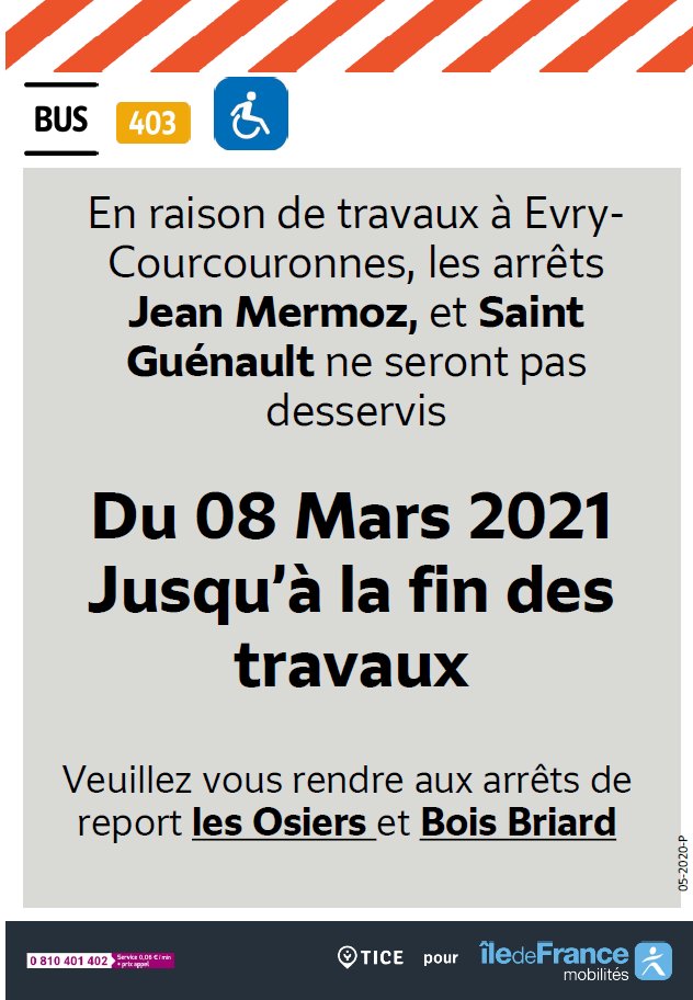 EvryEss_IDFM's tweet image. #InfoTrafic Cette déviation étant terminée, les arrêts Jean Mermoz et Saint-Guénault sont à nouveau desservis par les lignes #bus403 et #bus414.