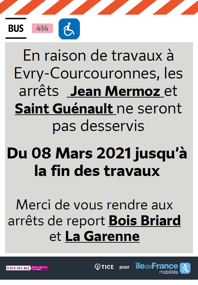 EvryEss_IDFM's tweet image. #InfoTrafic Cette déviation étant terminée, les arrêts Jean Mermoz et Saint-Guénault sont à nouveau desservis par les lignes #bus403 et #bus414.