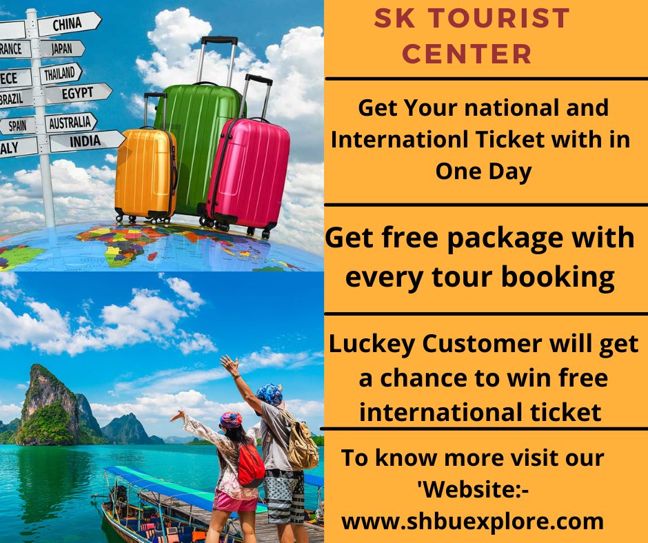 SkTourist's tweet image. This SK Tourist Center will provide you the following things 
Get Your national and International Ticket with you in one day. 
Get a free package with every tour booking 
Luckey Customer will get a chance to win a free international ticket

#digiperformprojects #digiperform