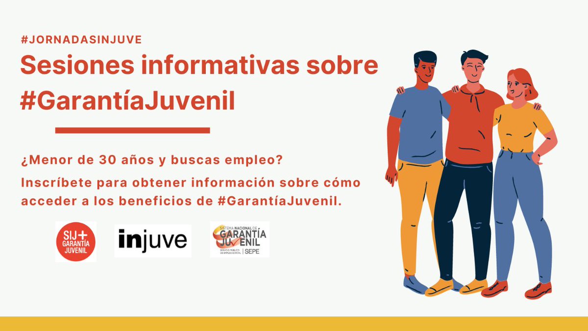 InjuveSpain's tweet photo. ¿Tienes menos de 30 años y buscas empleo?
Inscríbete en estas sesiones para acceder a los beneficios de #GarantíaJuvenil. Del 18 al 26 de mayo, de 11:30 a 12:30h, en diferentes centros de información juvenil #RedSIJ, en colaboración con @empleo_SEPE. #JornadasInjuve 🧵👇 https://t.co/iXOP9GyiHn