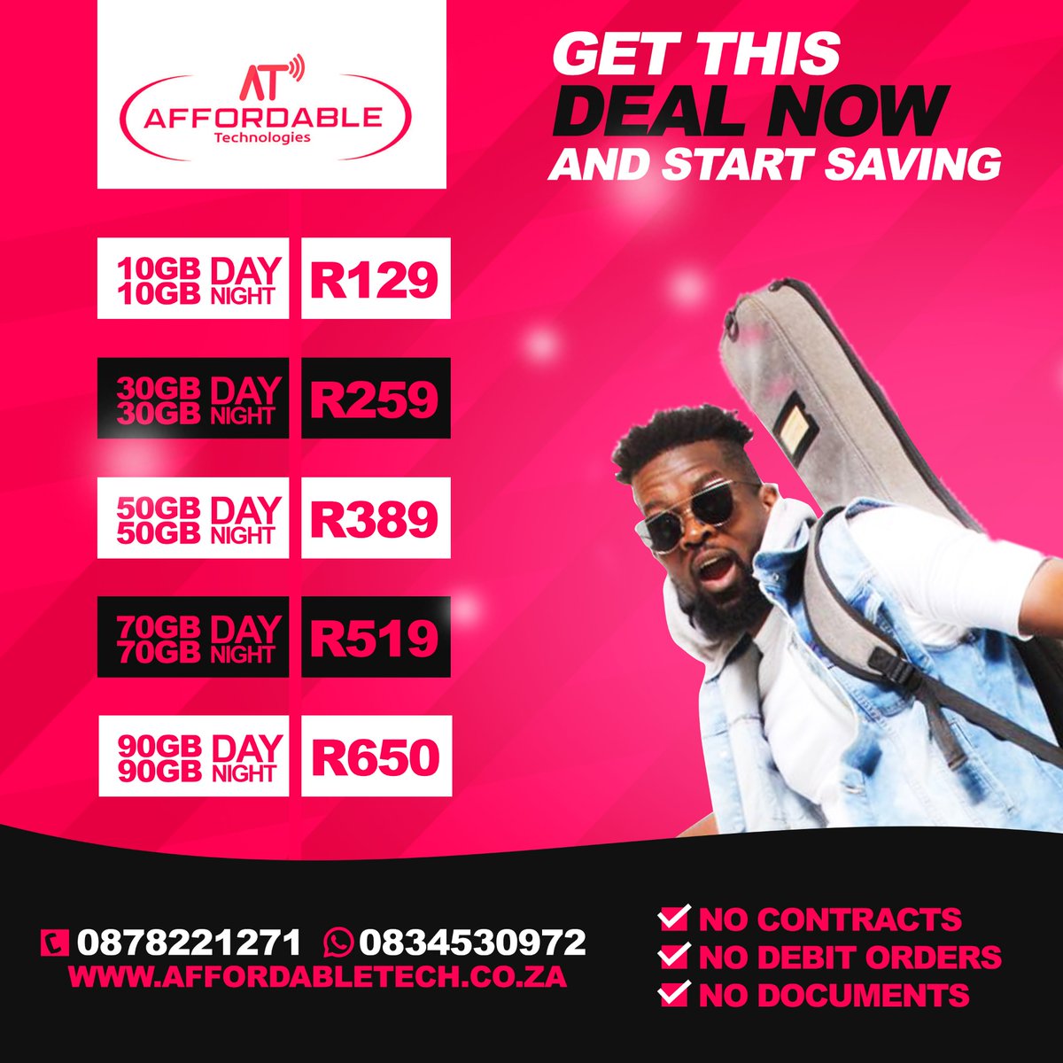 AffordableTech5's tweet photo. Affordable Data Bundles! Get connected!📡
No contracts!! No Debit Orders!! No Documents Required!!
WhatsApp : 0834530972 Office line : 0878221271
You can also shop online on: https://t.co/Fbb9pfsHuB 
#AT #AFFORDABLEDEALS https://t.co/2c1hPFrw9m