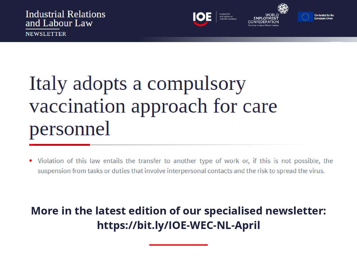 🇮🇹 New rule in Italy obliges health professionals to get vaccinated against #COVID19. Read about this latest development in IOE-<a href="/WECglobal/">WECglobal</a>'s #IndustrialRelations and #LabourLaw newsletter ➡️ bit.ly/IOE-WEC-NL-Ita…