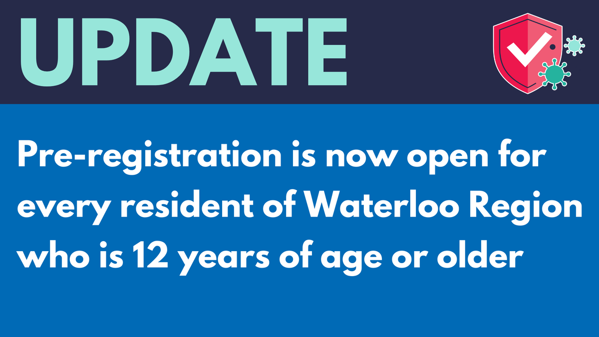 🔔🔔🔔
Everyone in <a href="/RegionWaterloo/">Region of Waterloo</a> who is 12 years of age and older, born in 2009 or earlier, can now pre-register for a COVID-19 vaccine!
➡️ It could take up to 4-6 weeks before you are contacted to book an appt, depending on supply
➡️ Pre-register at regionofwaterloo.ca/VaccinePreReg