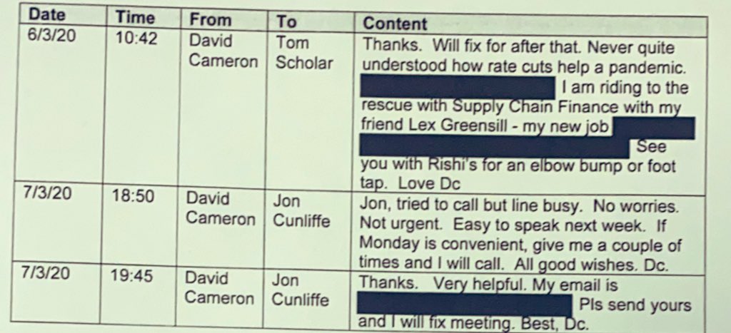 BREAKING: David Cameron publishes text messages to the Senior Treasury officials that describe him:“Riding to the rescue with supply chain finance” ....in rather chummy tones  #Greensill