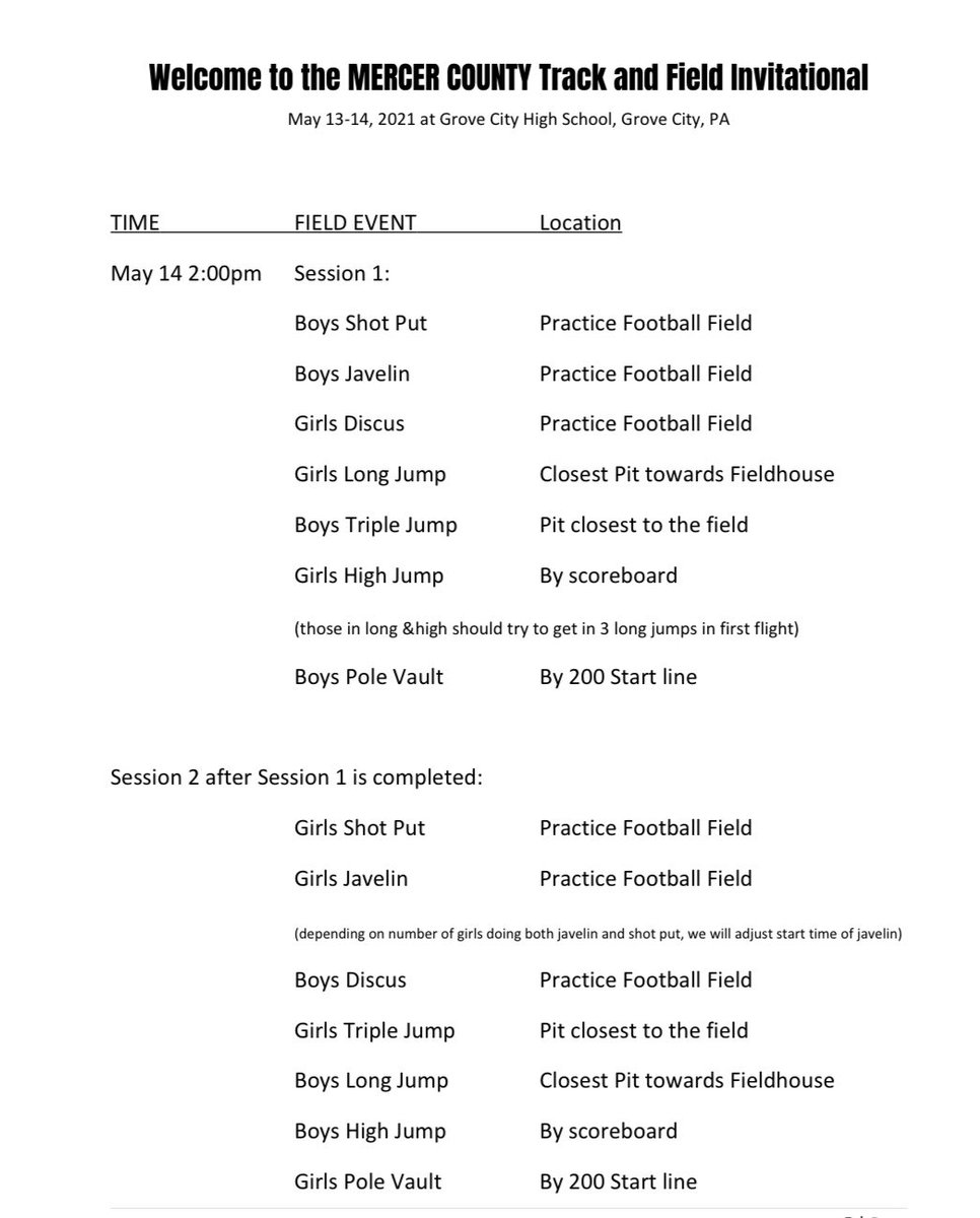 HSD_Athletics's tweet photo. Order of events for the Mercer County Track and Field Invitational at Grove City May 13th and 14th. All track events will be on Thursday and all field events will be on Friday. @HSD_TrackField https://t.co/AbMUZQl47Y