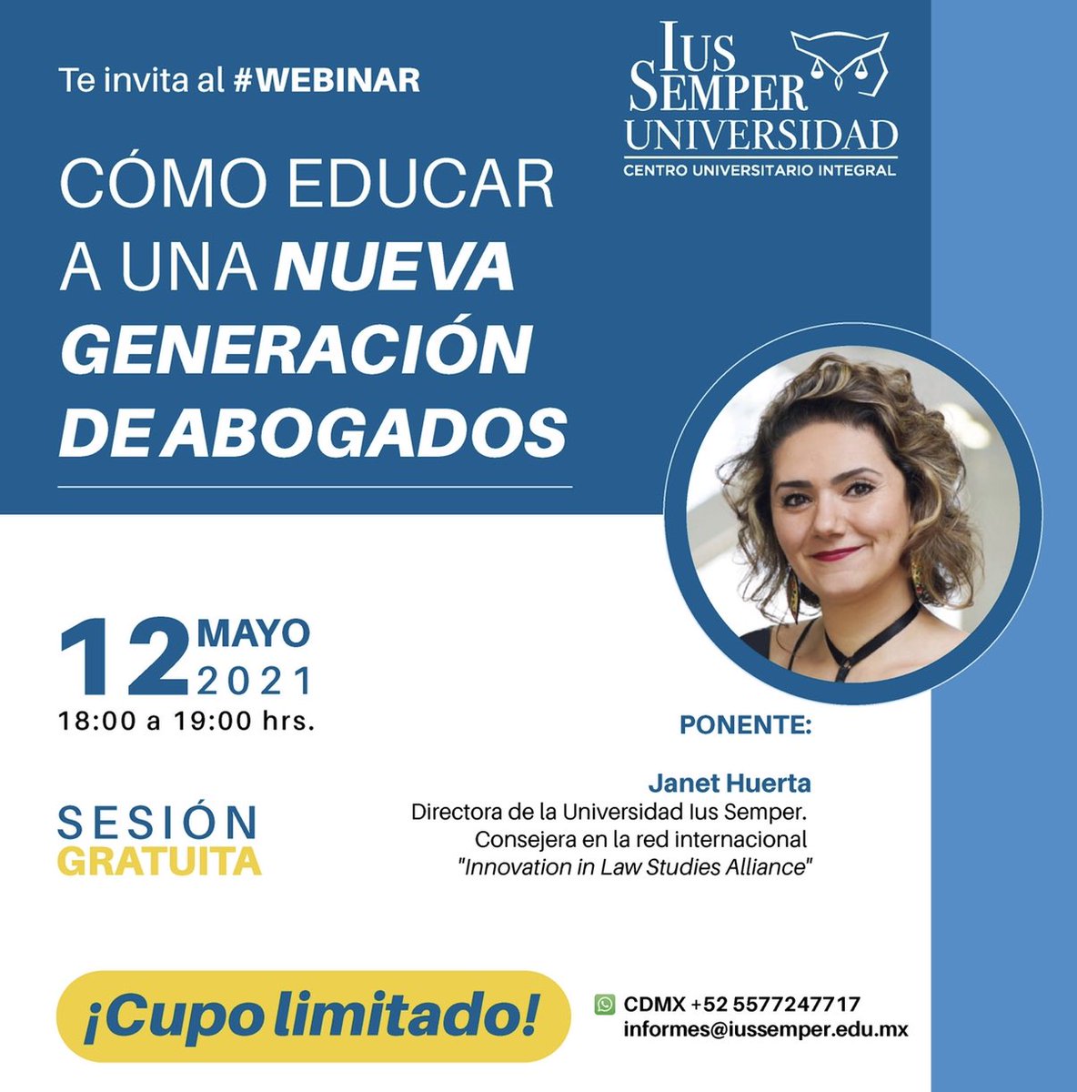 Requerimos formar a una nueva generación de abogados que sepan solucionar conflictos negociando, comunicando asertivamente, argumentando, con pensamiento crítico y apoyándose en la tecnología. 
Te invito a este webinar de <a href="/IusSemperMx/">Univ Ius Semper</a> 👉🏻 lnkd.in/gVT2wHN