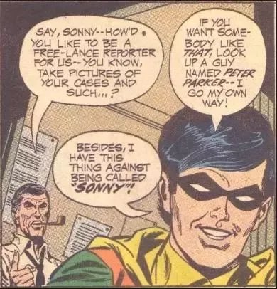 Robin talking about Peter Parker (Spider-Man) in his own book.