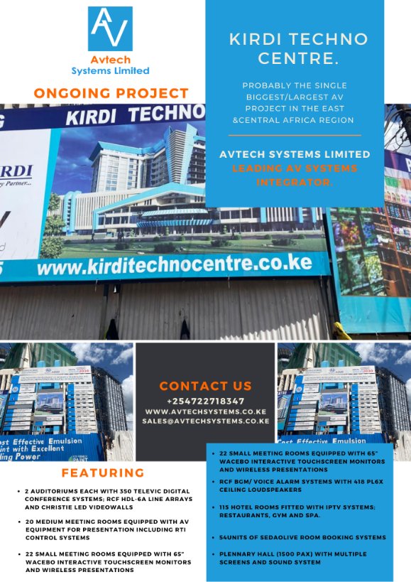 AvtechSystems's tweet image. Our ongoing project at the KIRDI Techno Centre. Probably the single biggest/largest AV project in the East &amp;amp;Central Africa region featuring a wide array of AV solutions.
Isaac Mwaura Charles Owino Nairobi CBD