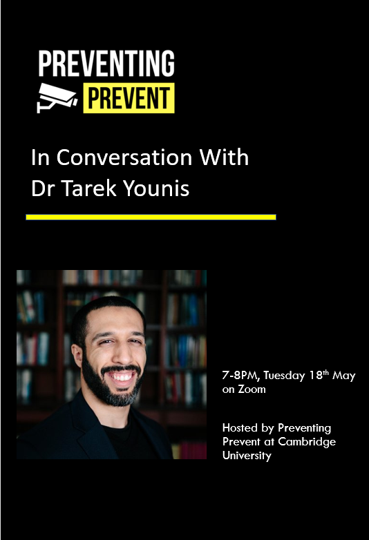 Next Tuesday the 18th of May at 7PM we're holding a Zoom interview with Dr Tarek Younis on Prevent, securitisation and Islamophobia in Britain. 

This event is open to everyone. Learn more and access the link here: facebook.com/events/1057869…