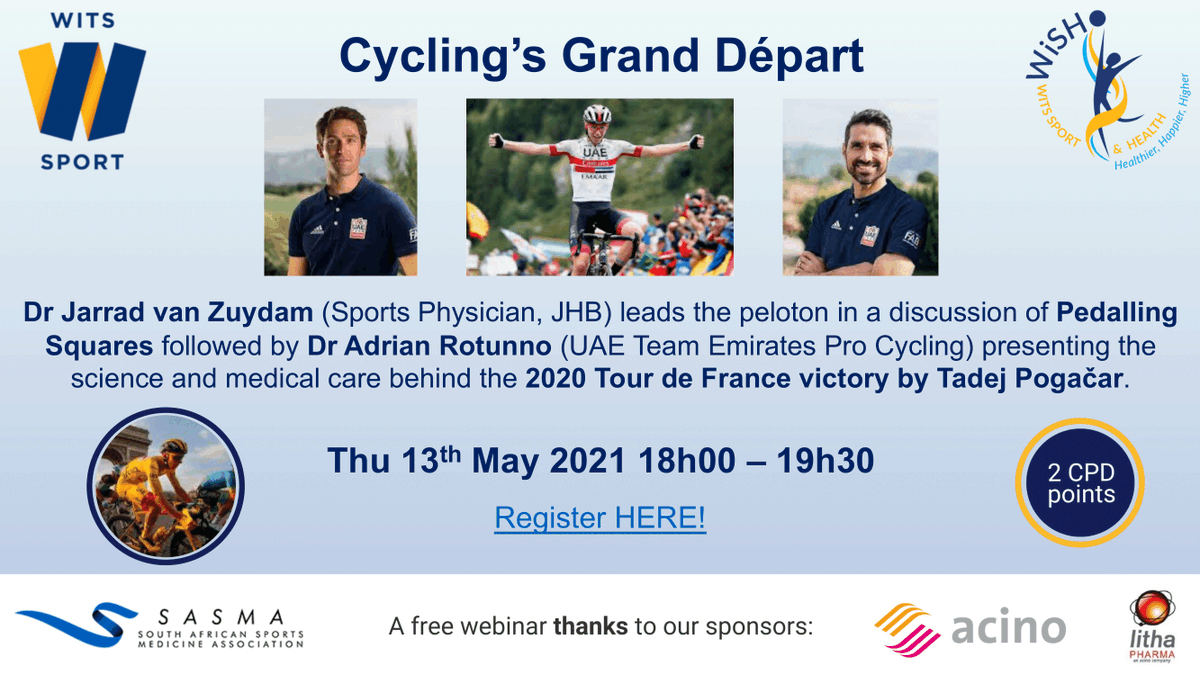 WishWits's tweet photo. #WiSHWebinars The WiSH Cycling Interest Group invites you to an exciting webinar this Thursday:

When:  Thursday,13 May 2021 06:00 PM Johannesburg
Topic: WiSH Webinar: Cycling’s Grand Départ

Register for this webinar, brought to you free by Acino Litha:https://t.co/4l3ceNn7Gx https://t.co/RoEmPM57px