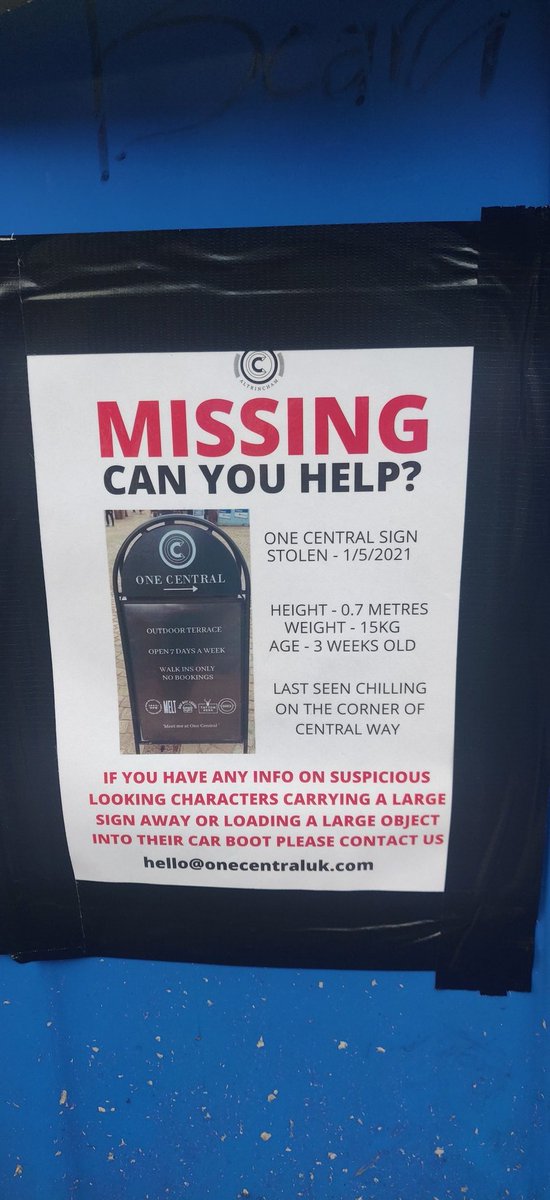 Theft is really hard to swallow, especially in these most difficult of times for hospitality. If you know anything about our <a href="/AltyOne/">One Central Alty</a> sign, please let us know. It went missing from around the corner of #newmarketsquare, between One Central and <a href="/altrinchammkt/">Altrincham Market</a>. Thanks. #altrincham