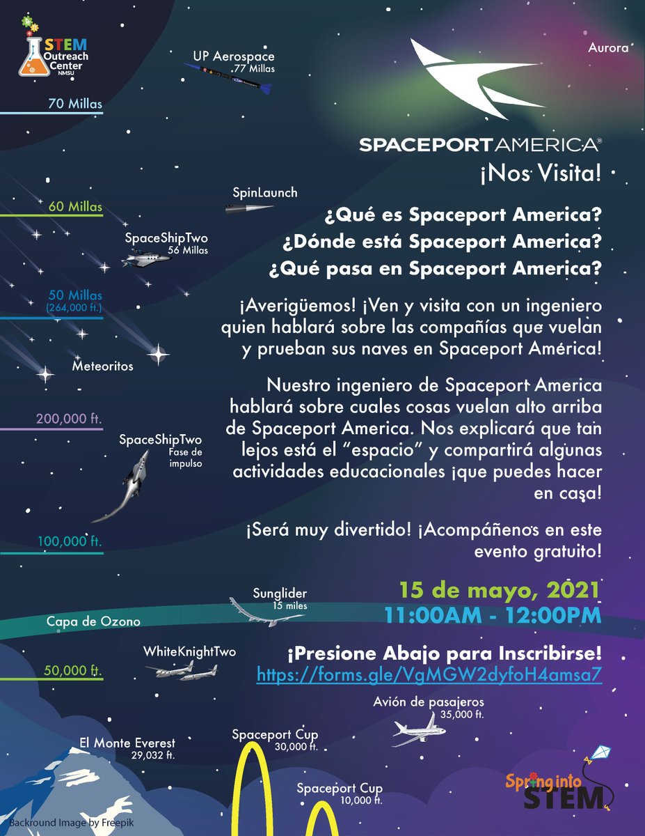 Join us on Saturday, May 15th from 11 AM-12 PM when we blast off 🚀 to learn more about Spaceport America! This is a FREE event!

See the attached flyer for full details and get registered here: bit.ly/3f7hC9H
