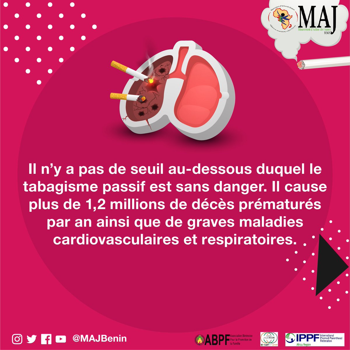 Campagne #11MaiSansTabac

✍️ [Il n’y a pas de seuil au-dessous duquel le tabagisme passif est sans danger. Il cause plus de 1,2 million de décès prématurés par an ainsi que de graves malades cardiovasculaires et respiratoires.]

Partagez pour sauver !
#VBG
