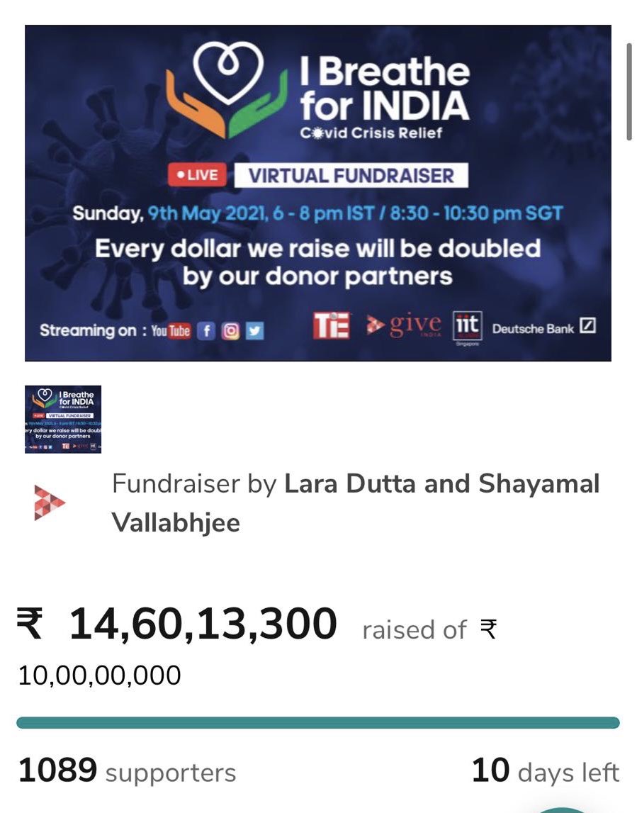 Lara Dutta Bhupathi (@laradutta) on Twitter photo Grateful for the overwhelming response to the #IBreatheForIndia virtual fundraiser , far exceeding expectations.
God bess you for ur generosity of heart & spirit 🙏
The link continues to be open.
bit.ly/IBreatheForInd…
<a href="/TiEGlobal/">TiE Global</a> <a href="/GiveIndia/">Give</a> <a href="/shayamal/">raj fichadiya</a> Grateful for the overwhelming response to the #IBreatheForIndia virtual fundraiser , far exceeding expectations.
God bess you for ur generosity of heart & spirit 🙏
The link continues to be open.
bit.ly/IBreatheForInd…
<a href="/TiEGlobal/">TiE Global</a> <a href="/GiveIndia/">Give</a> <a href="/shayamal/">raj fichadiya</a>