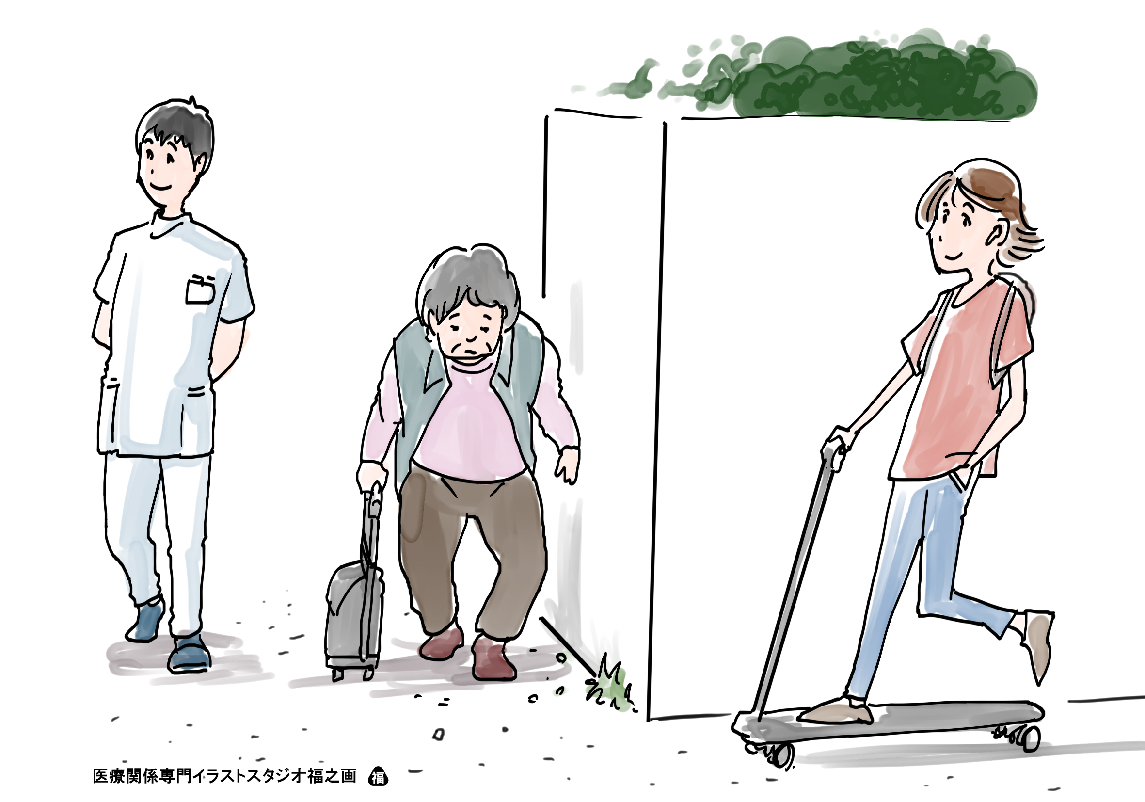 福山真樹 メディカルアナトミーイラストレーター 屋外での歩行訓練は 歩行に加え環境 路面等 への適応を 評価 訓練します セラピストは歩容だけでなく 対象者の注意力 判断力 反応等を評価 同時にリスク管理を行う必要があります 好ましくないリハビリ