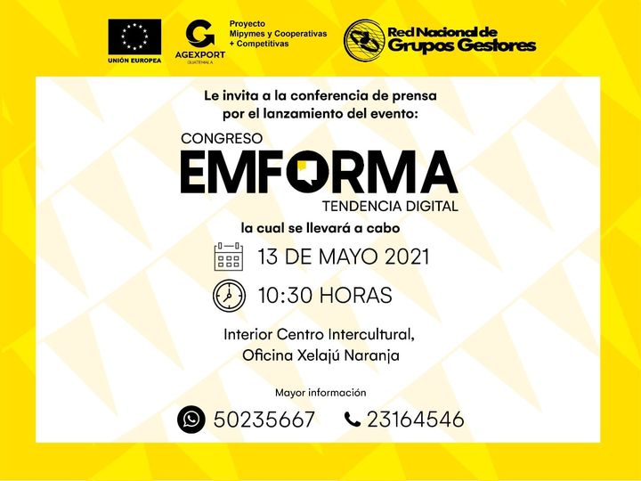 Conoce #EMforma y Pon #EMForma tu empresa !  
Una cordial invitación a los medios de comunicación para que puedan acompañarnos este jueves 13 de mayo a las 10:30am 
Confirmar participación al 5023-5667   o via email info@gruposgestores.org.gt 
Los Esperamos!