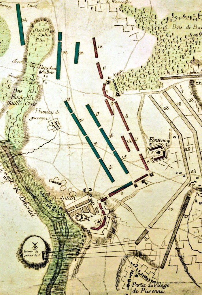 The French were in a strong position: the regiments of Lally, Dillon, Roth, Bulkeley, Clare & Berwick (c 3800 men) were on the French left (no. 9), & led a decisive counterattack when the British column penetrated the French first line. A British victory turned into defeat. 2/7