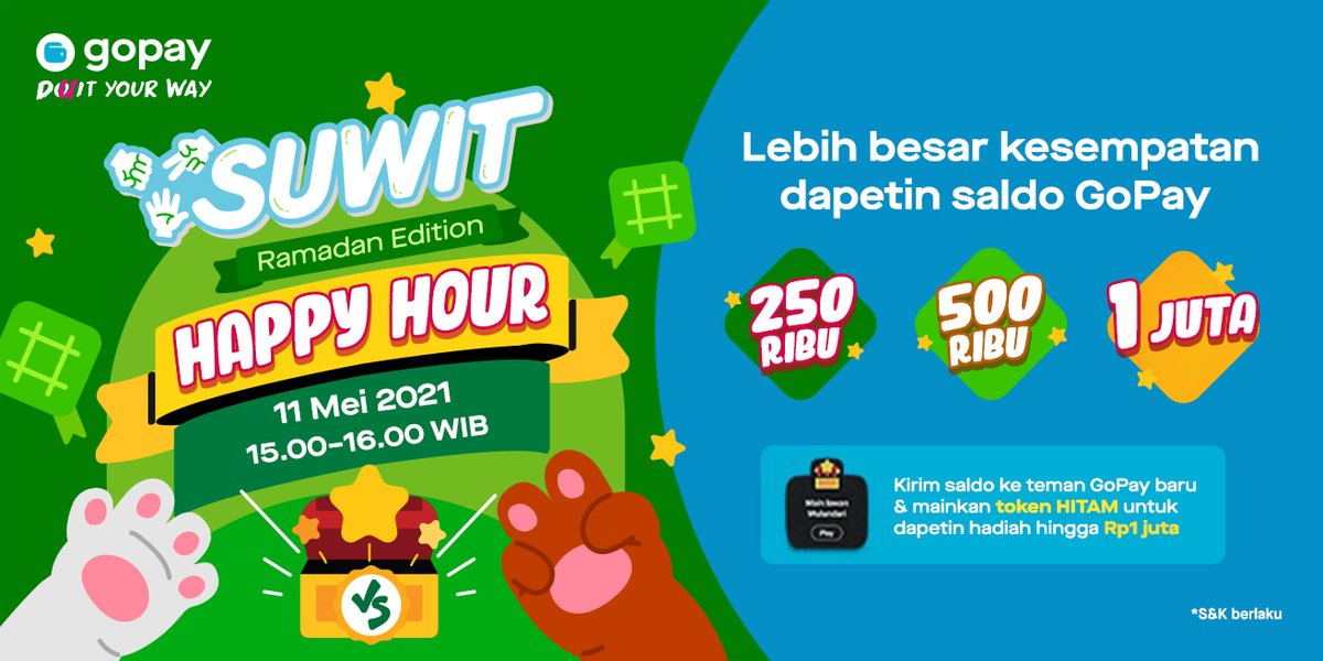 gopayindonesia's tweet photo. Hari ini kamu bisa ikutan #SuwitHappyHour sampai jam 16.00 WIB!
Buruan ajak temen GoPay baru kamu main Suwit biar dapetin token hitam, buat menangin saldo GoPay lebih besar sampai dengan sejuta!
Cari tau cara main Suwit di https://t.co/qTQRxOazgf https://t.co/VsdTgj09Fr