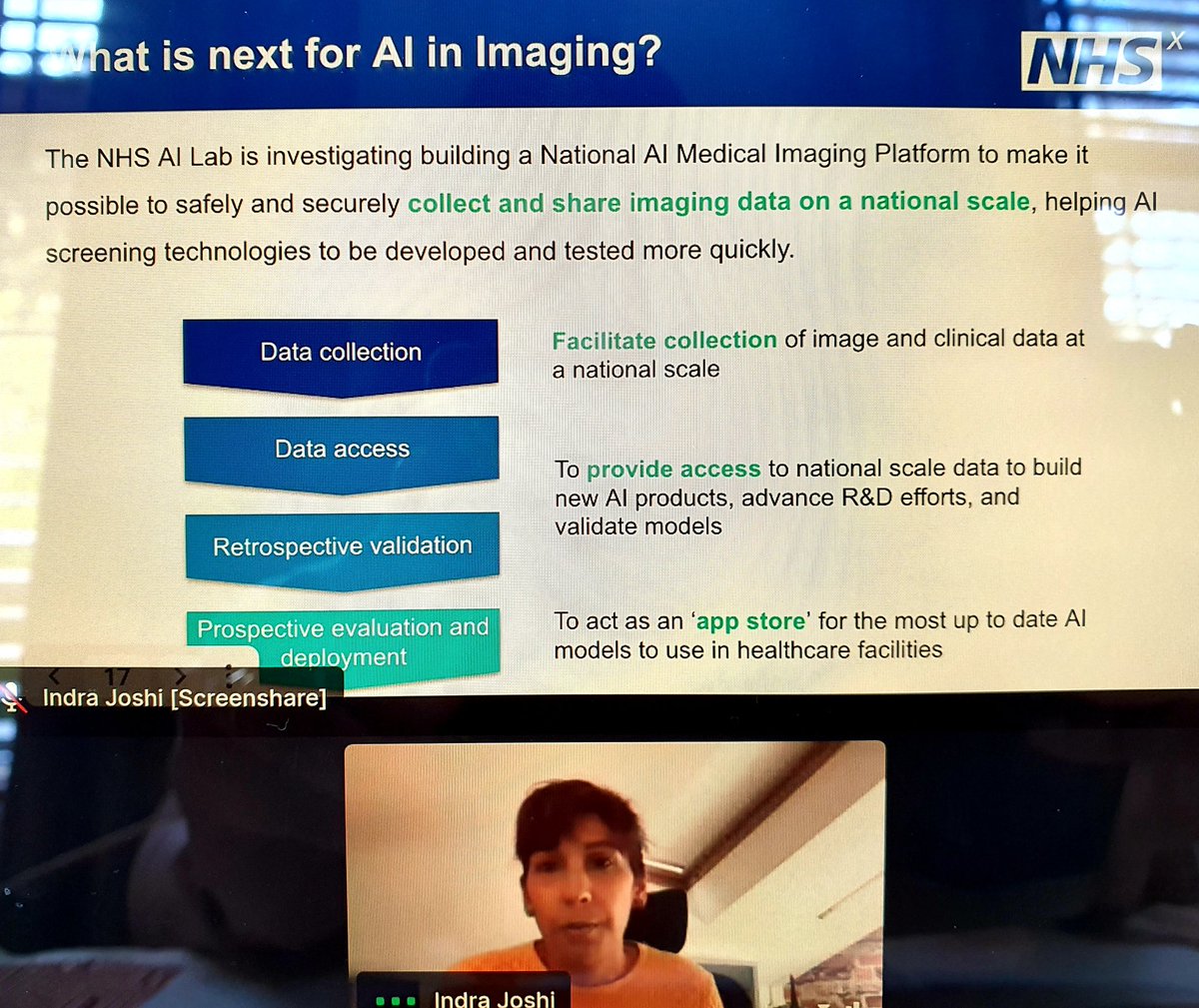 Great to hear from <a href="/IndraJoshi10/">Indra Joshi</a> about the amazing #AI work happening at @NHSX with national collaborators and NHS Trusts <a href="/DigitalFHFT/">FHFT Digital Services 🦋 @digitalfhft.bsky.social</a> <a href="/IntHealthAI/">Intelligent Health</a> 
#IHUK21 #SaveLivesWithAI #WithoutBorders 🌟