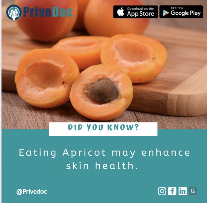 PriveDoc's tweet image. Apricots are naturally high in antioxidants, which guard against environmental damage from sunlight, pollution, and cigarette smoke. These compounds may benefit your skin by lowering your risk of wrinkles and sunburn.
#privedoc #skincare #skinhealth #tuesdaymotivations