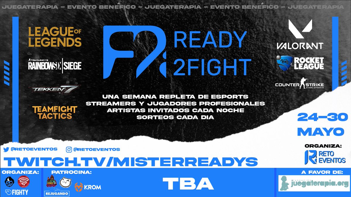 RetoEventos's tweet image. ¡HEMOS VUELTO! 💪

Tras el éxito del año pasado, el equipo del Ready To Fight hemos decidido volver a juntarnos en un nuevo evento benéfico a favor de @juegaterapia
, una semana repleta de torneos y actuaciones, del 24 al 30 de mayo.

¡Estad atentos para más noticias! 👀

#R2F