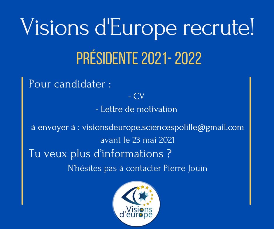 🇪🇺Semaine de recrutement 🇪🇺
Découvrez cette semaine les postes à pourvoir du bureau et des différents responsables de pôles.
Visions d'Europe recrute un.e président.e!
Découvrez le témoignage de Pierre <a href="/pjouin4/">Pierre Jouin</a> 
Pour candidater : CV+lettre de motivation à envoyer  avant le 23 mai