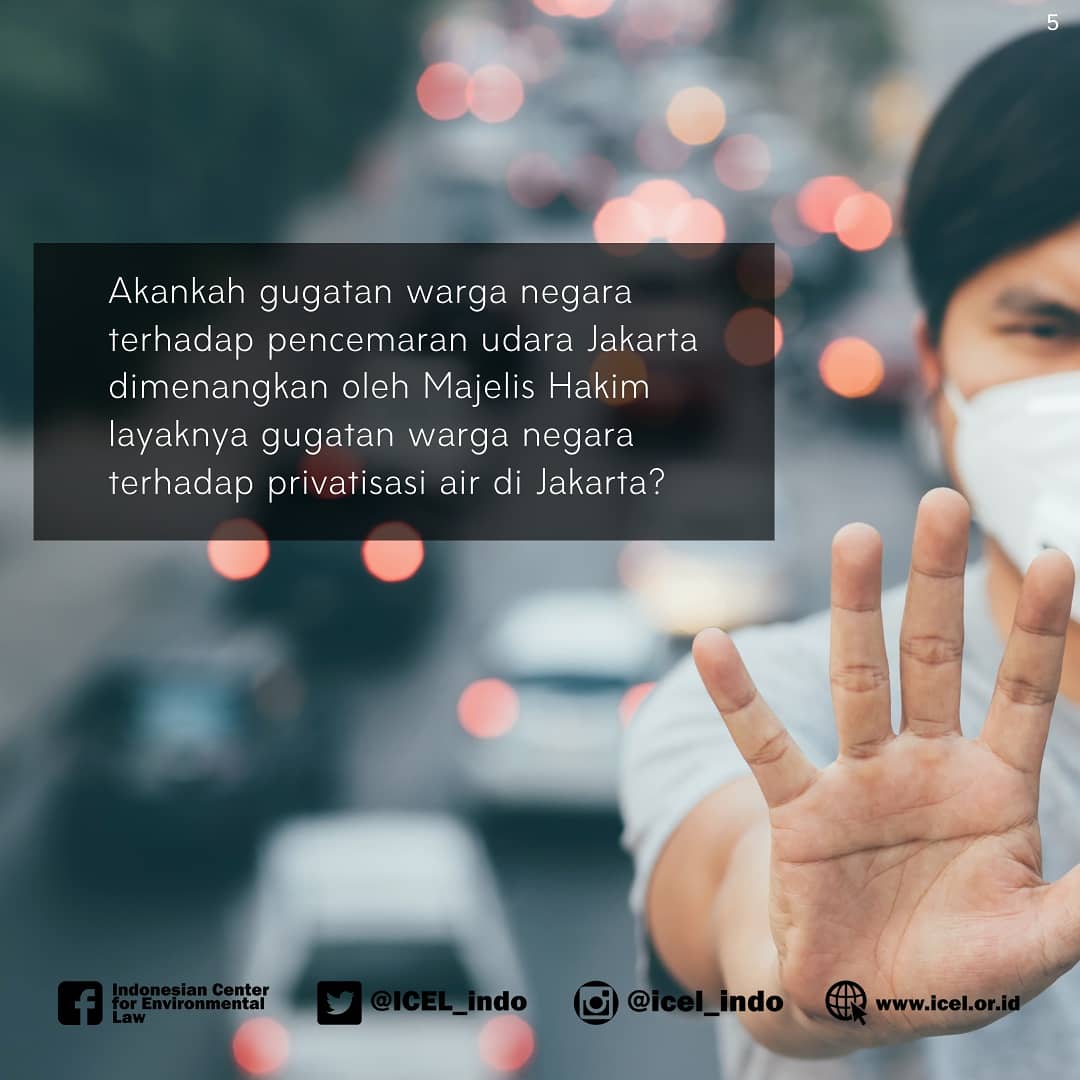 Akankah gugatan warga negara terhadap pencemaran udara Jakarta dimenangkan oleh Majelis Hakim? Layaknya gugatan warga negara terhadap privatisasi air di Jakarta?

#ecojustice #polusiudarajakarta #udarabersihhakwarga 
#CLSudaraharusmenang
#dukunghakimmenangkangugatan