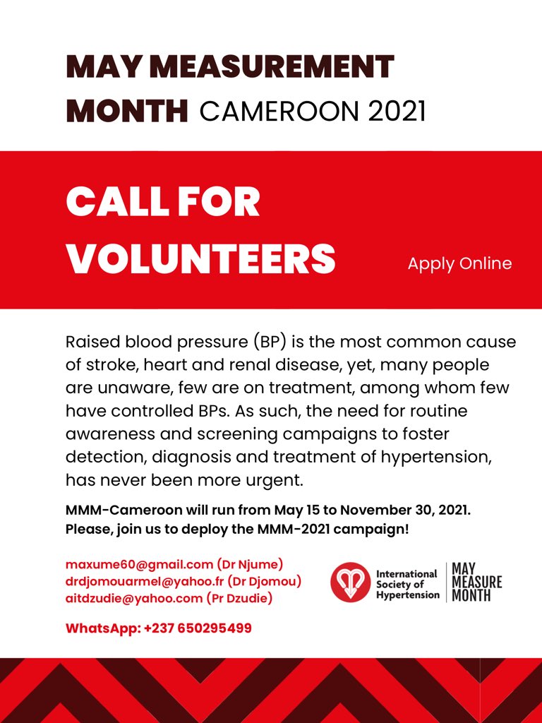 CRENConline's tweet photo. MAY MEASUREMENT MONTH 2021 - CAMEROON. 

Join us in this massive nationwide hypertension screening and awareness. 

Fill form to join:

English: https://t.co/i6wWmasbW6

Français: https://t.co/WZKBtQmmNb https://t.co/mbikU9sQ7H