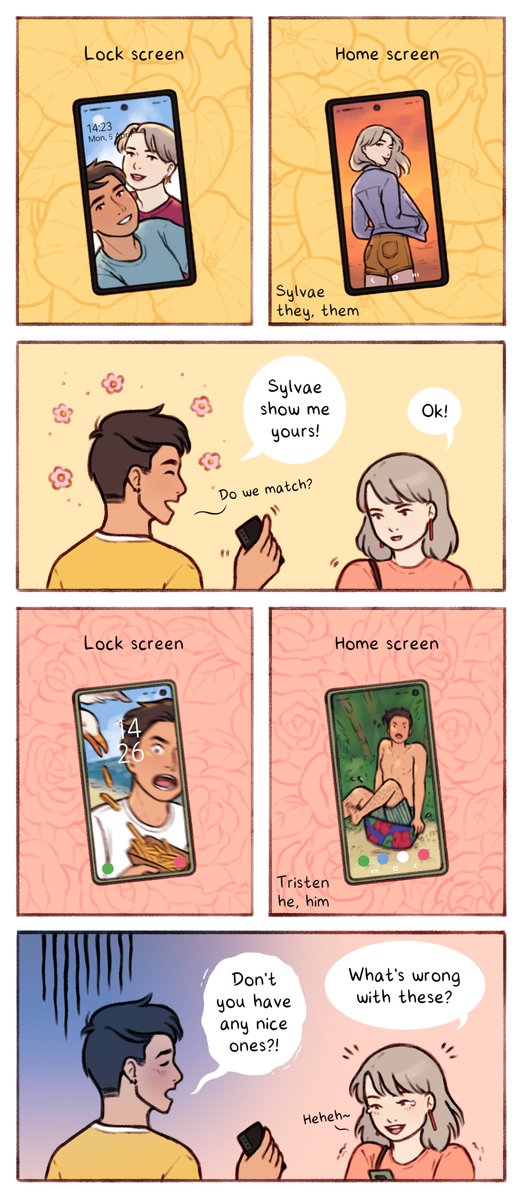 some of my favourite comics I've made for A Handful of Petals aka Sylvae being an absolute delight ใฝ(ใปโใป)ใ
Tristen: he/him
Sylvae: they/them
๐บ 1: Lock Screen
๐ผ 2: Baking
๐ท 3: Bug (part 2)
๐ป 4: Coffee