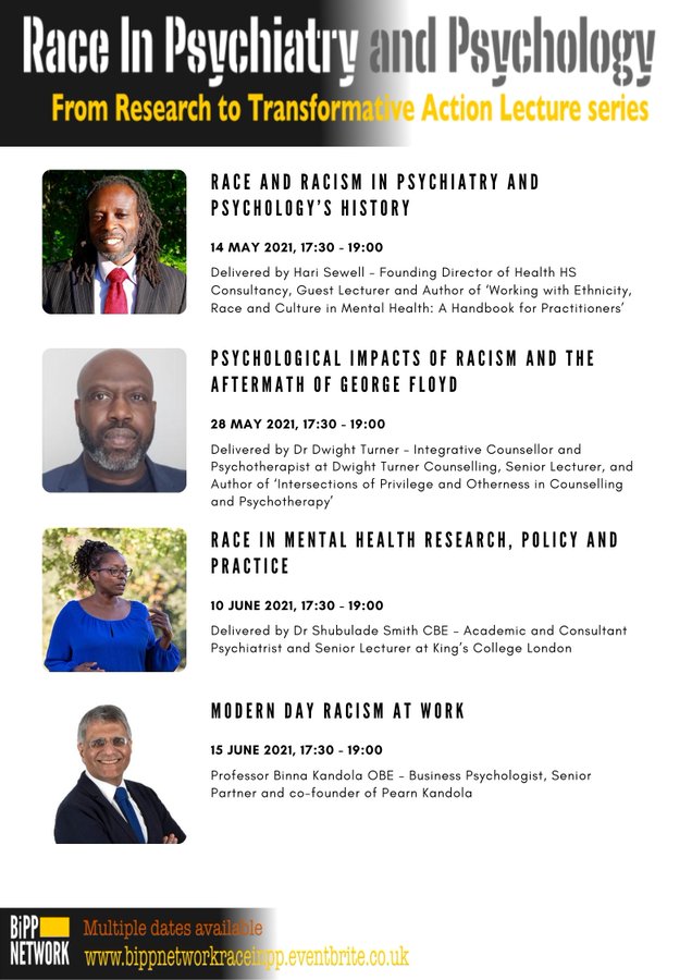 We’re kicking off our new lecture series with @Consultancy_HS on ‘Race and racism in psychiatry and psychology’ history’ on 14th May. <a href="/Mental_Elf/">The Mental Elf</a> #BiPPResearch2Action 

Its not too late to get your ticket! 
Bippnetworkraceinpp.eventbrite.co.uk