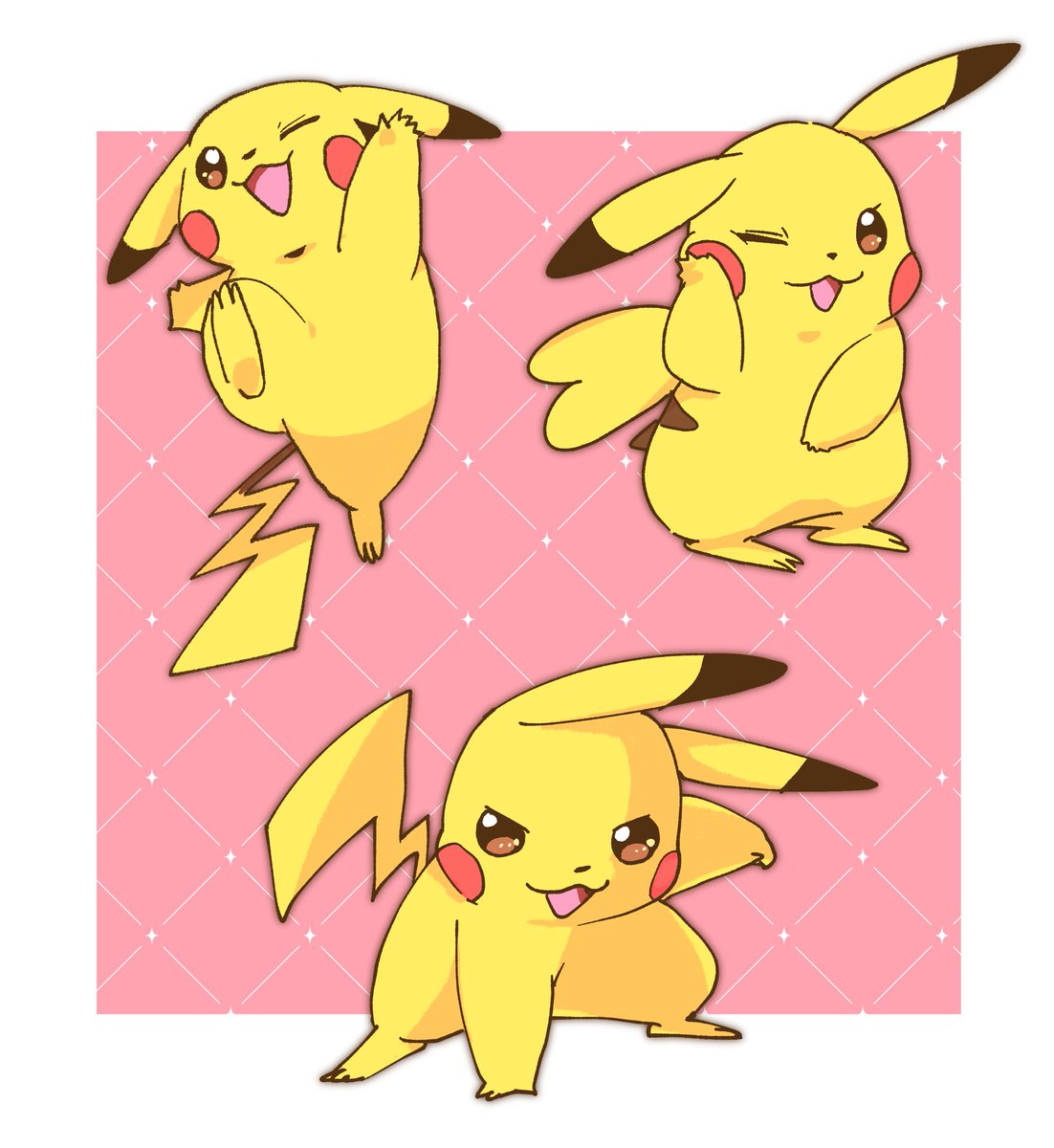 pikachu pokemon (creature) no humans open mouth smile one eye closed white border standing  illustration images