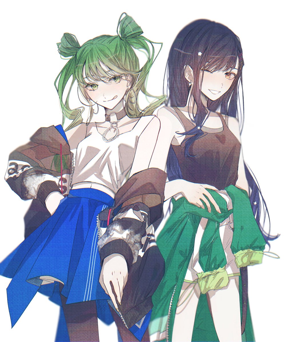 2girls multiple girls jacket green eyes skirt green hair twintails  illustration images