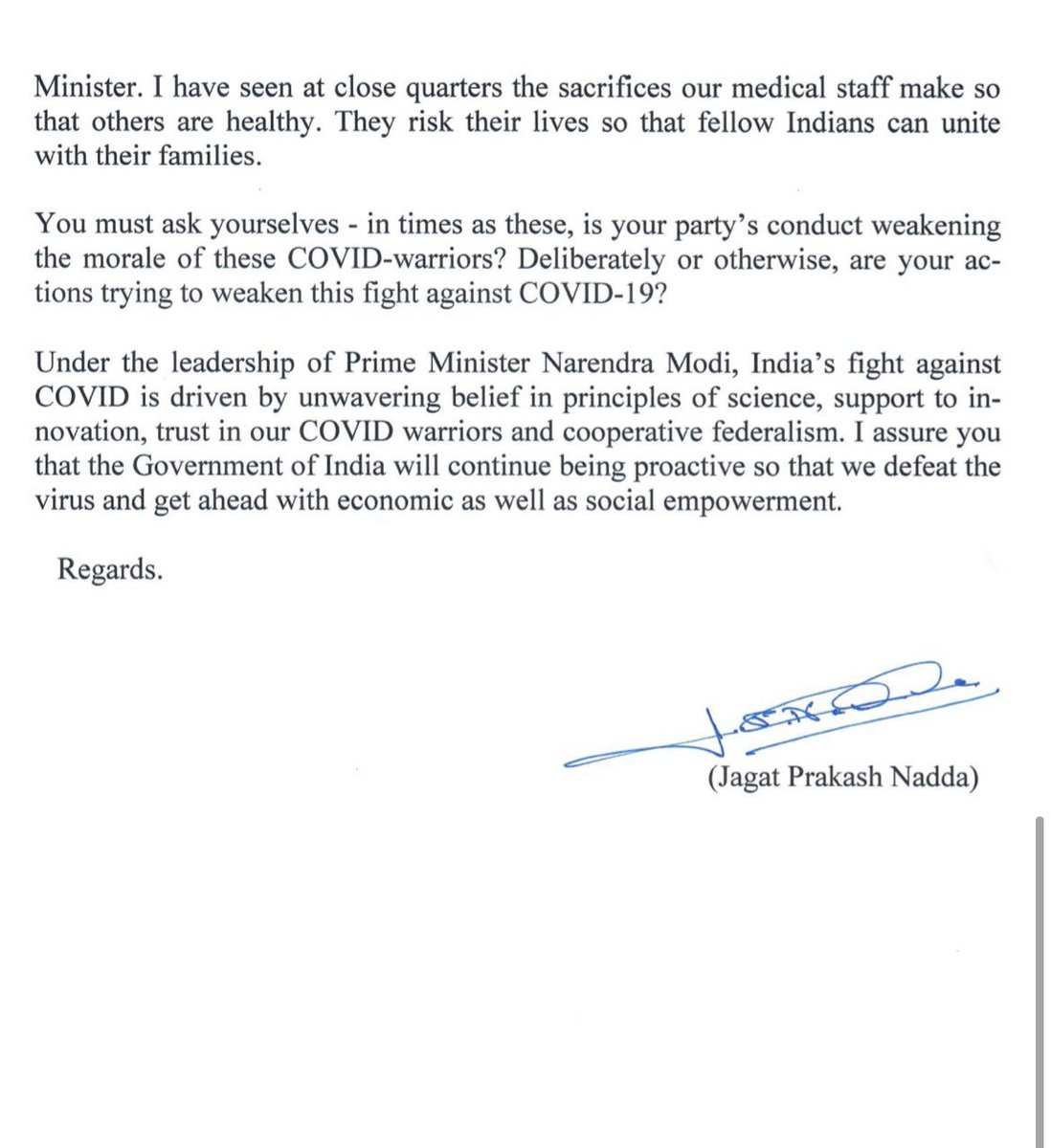 "You must ask yourselves - in times as these, is your party’s conduct weakening the morale of these  #CovidWarriors? Deliberately or otherwise, are your actions trying to weaken this fight against COVID-19?"  @JPNadda ends the letter to  #SoniaGandhi on a poignant note.n/n